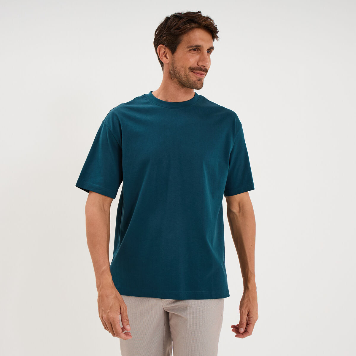 T-shirt col rond coupe relax coton &eacute;pais bleu canard homme