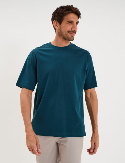 T-shirt col rond coupe relax coton &eacute;pais bleu canard homme