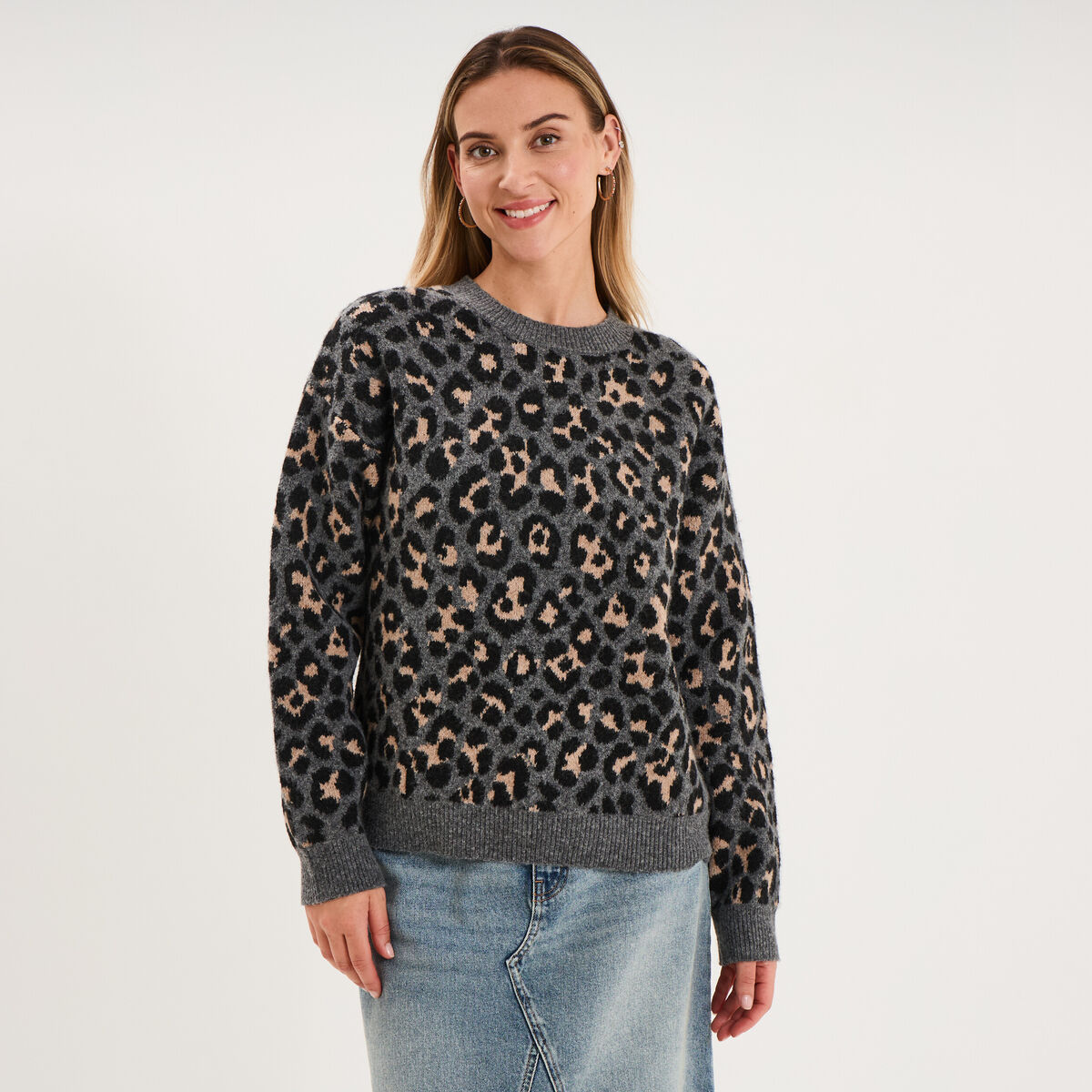 Pull col rond &agrave; manches longues gris moyen femme