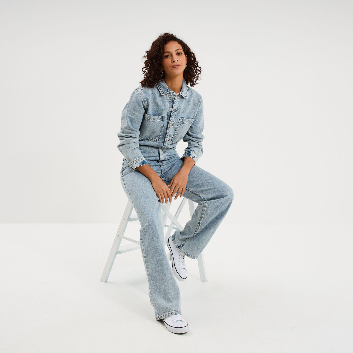 Combinaison pantalon en jean coton denim double stone femme