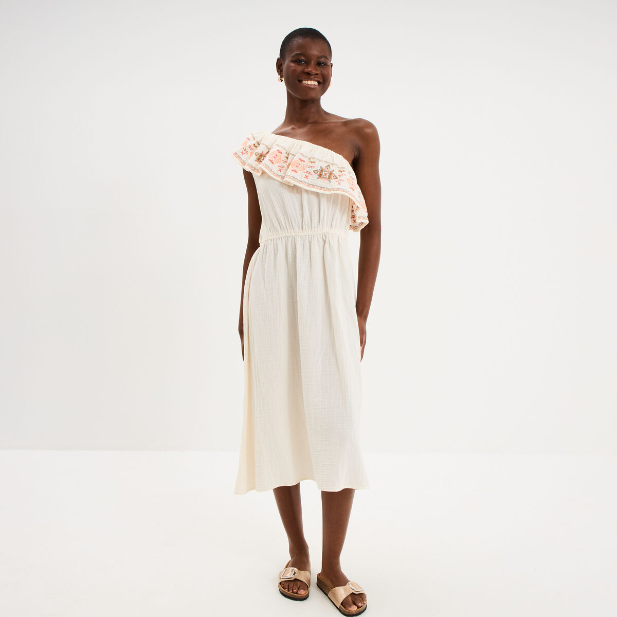 Robe asym&eacute;trique col brod&eacute; gaze de coton creme femme
