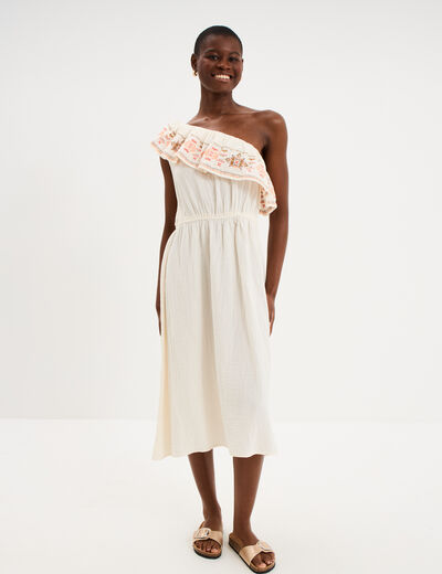 Robe asym&eacute;trique col brod&eacute; gaze de coton creme femme