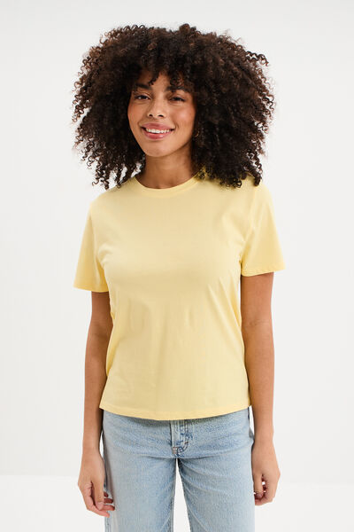 T-shirt col rond manches courtes coton jaune pastel femme