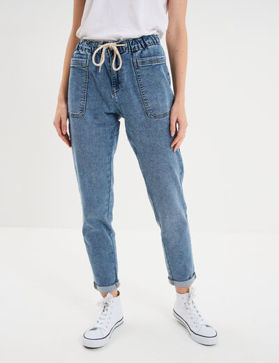 Jeans droit cropped taille &eacute;lastiqu&eacute;e denim stone femme