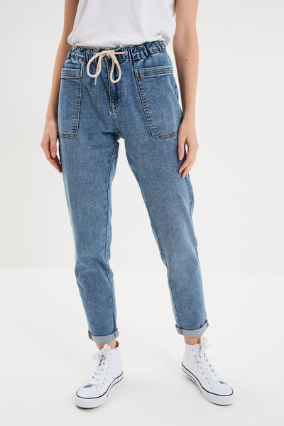 Jeans droit cropped taille &eacute;lastiqu&eacute;e denim stone femme