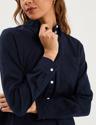 Chemise lin m&eacute;lang&eacute; manches longues bleu fonc&eacute; femme