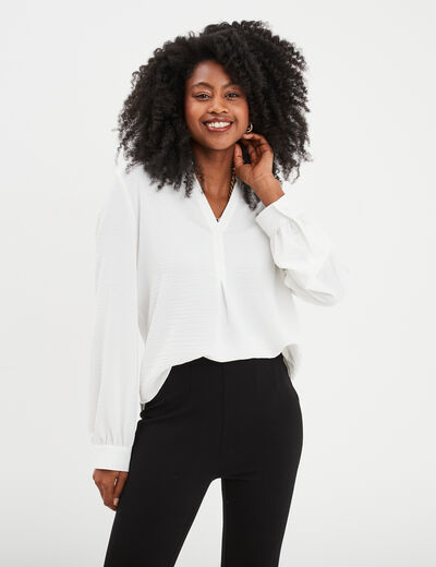 Blouse col tunisien manches longues blanc femme