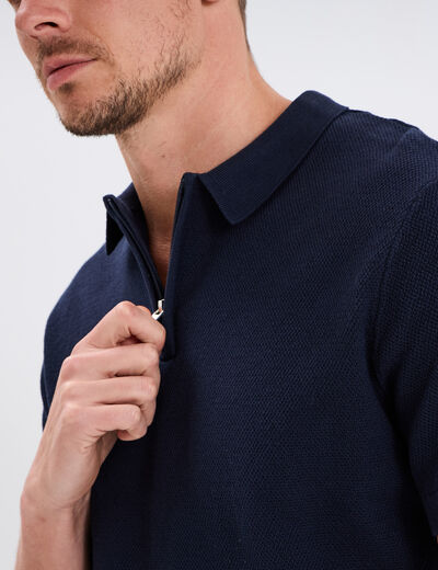 Polo col zipp&eacute; manches courtes coton bleu marine homme