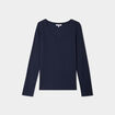 T-shirt col en V manches longues coton bleu marine femme