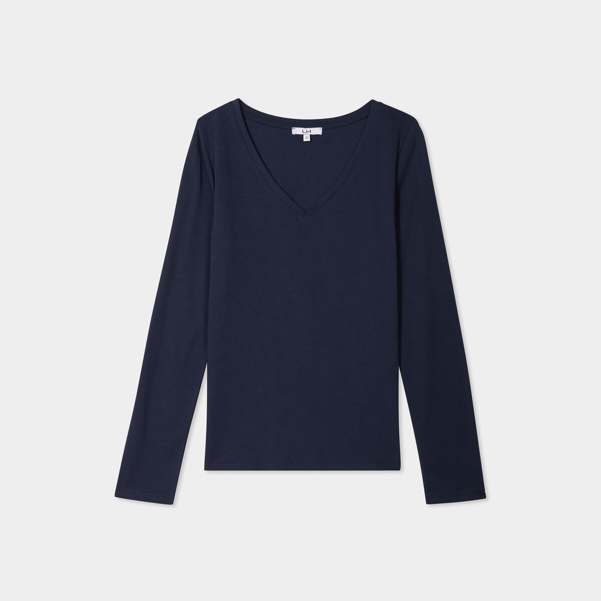 T-shirt col en V manches longues coton bleu marine femme