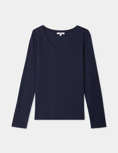 T-shirt col en V manches longues coton bleu marine femme