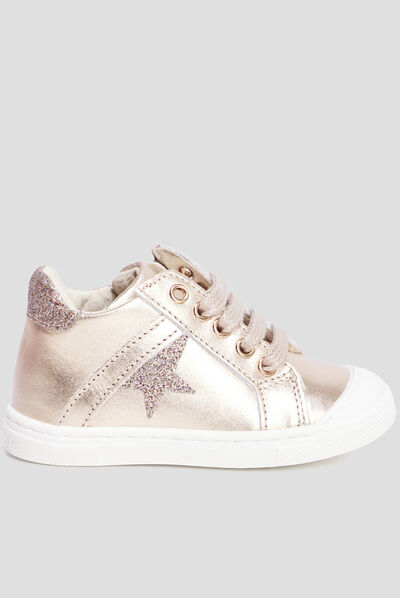 Bottillons métallisés en cuir rose champagne bébé fille