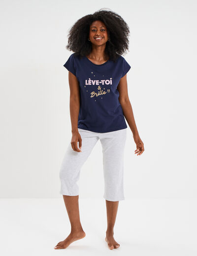 Ensemble pyjama corsaire t-shirt coton bleu marine femme