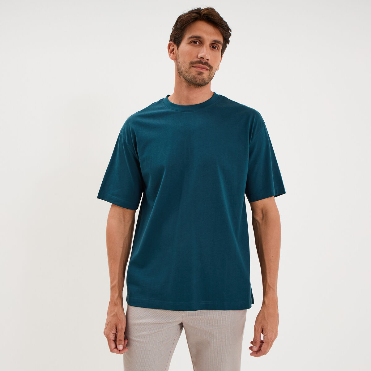 T-shirt col rond coupe relax coton &eacute;pais bleu canard homme