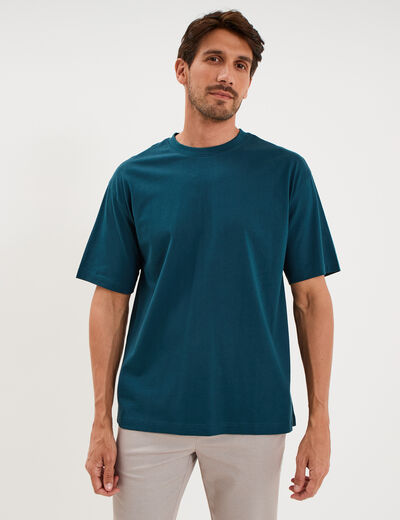 T-shirt col rond coupe relax coton &eacute;pais bleu canard homme