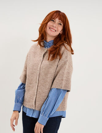 Gilet boutonn&eacute; manches courtes col rond beige femme
