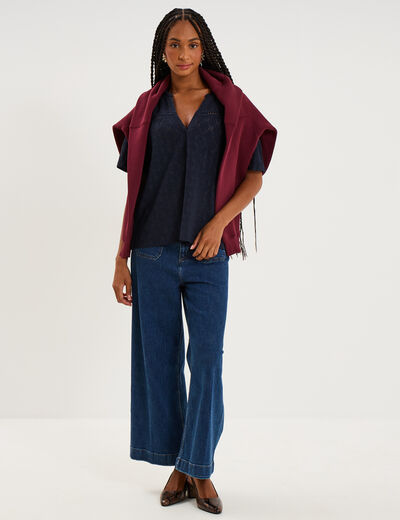 Blouse brod&eacute;e col tunisien bleu fonc&eacute; femme