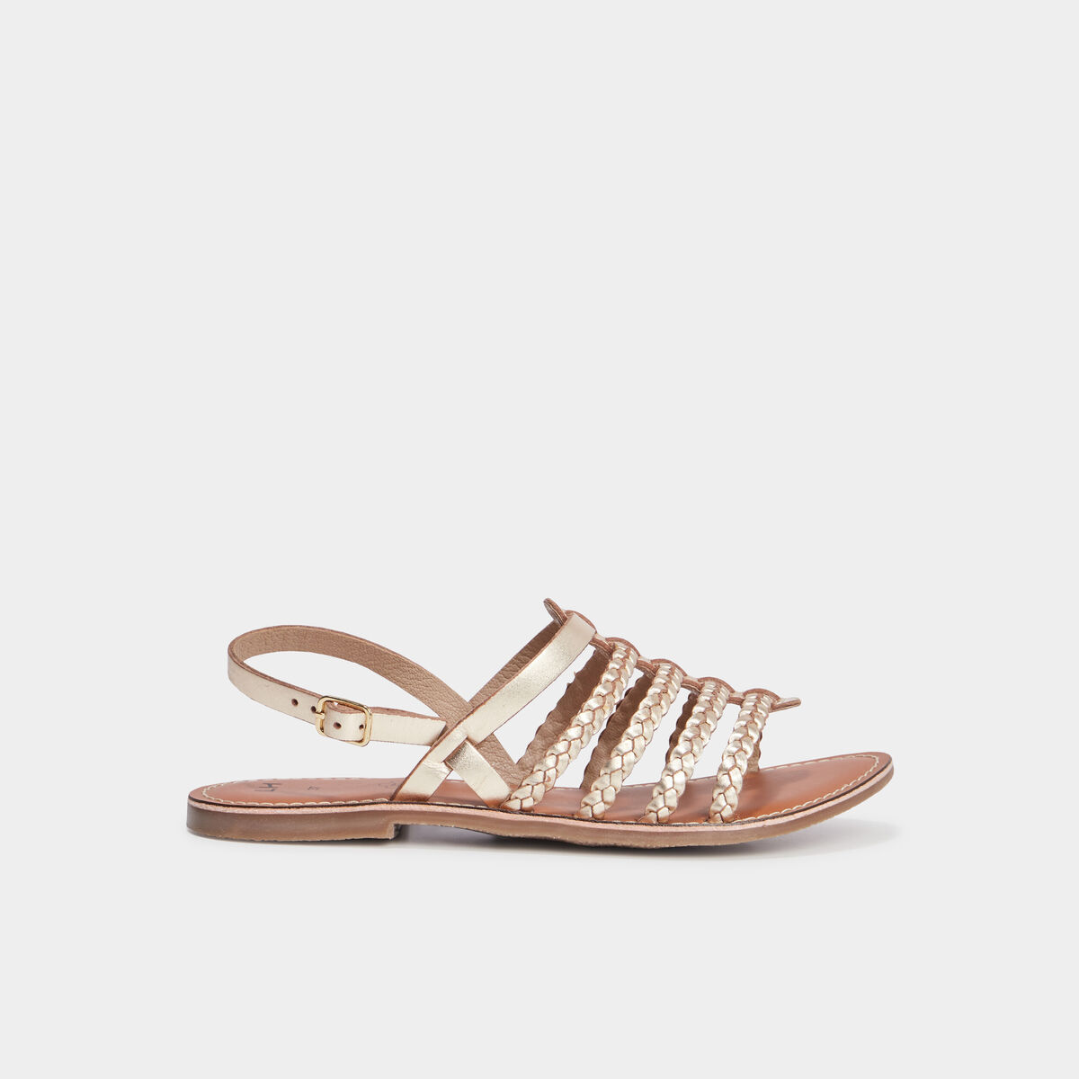 Sandales brides tressées en cuir jaune or femme