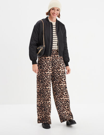 Pantalon large fluide taille élastiquée camel femme