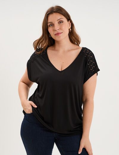 T-shirt droit avec dos dentelle oversize noir femme grande taille