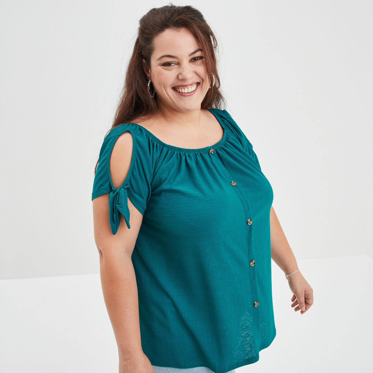 T-shirt col bardot manches noeuds bleu canard femme grande taille