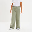 Jeans large taille haute coton vert kaki femme
