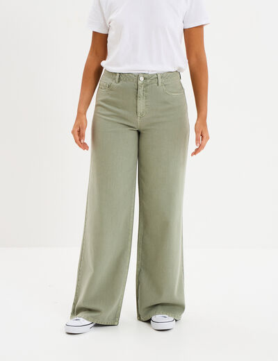 Jeans large taille haute coton vert kaki femme
