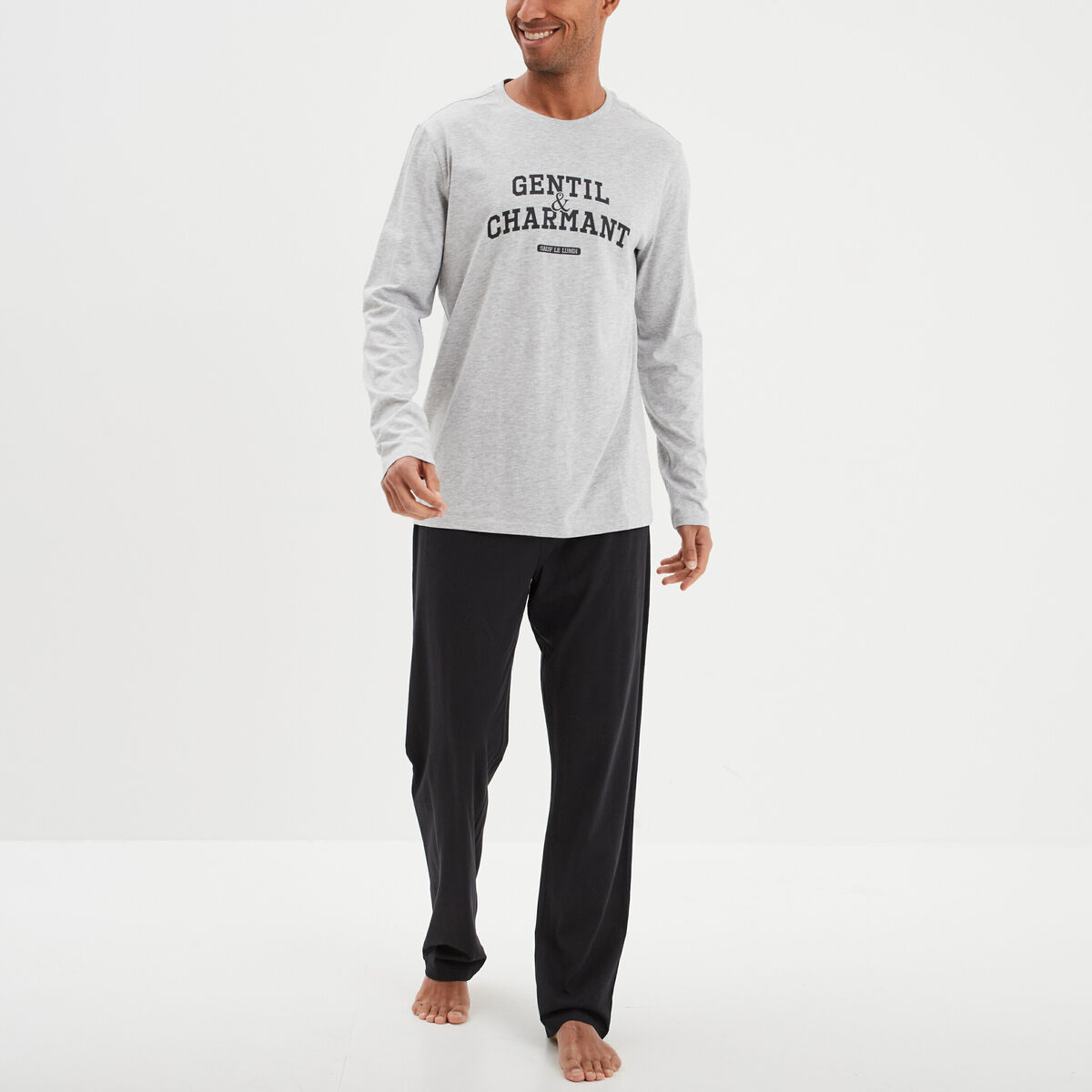 Ensemble pyjama pantalon 2 pi&egrave;ces coton gris homme