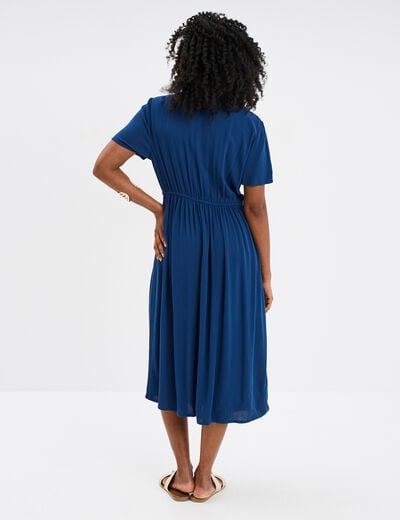 Robe midi fluide manches courtes bleu marine femme