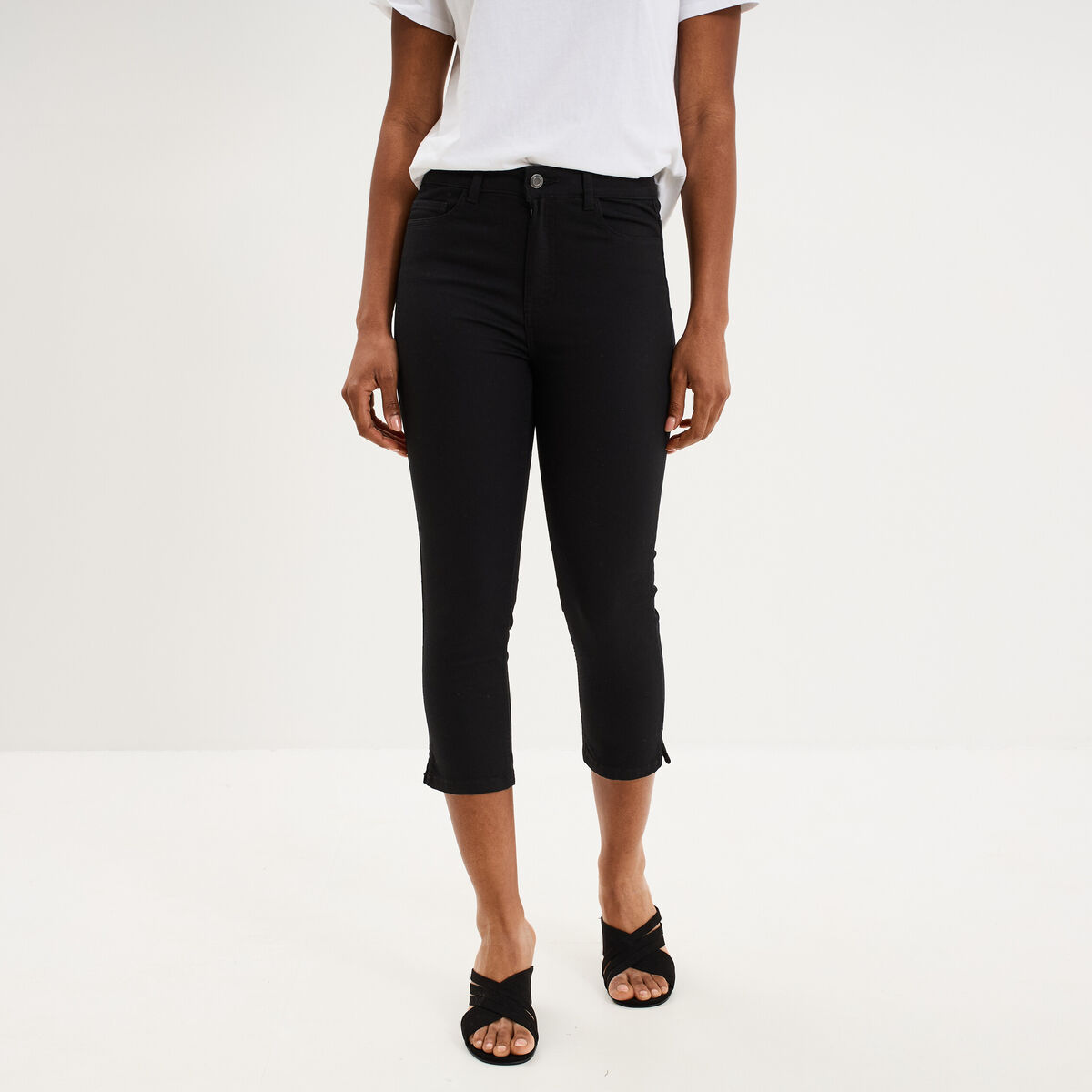 Pantalon capri slim twill 5 poches noir femme