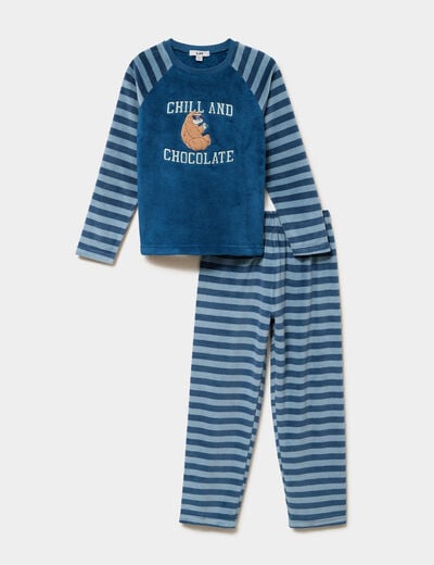 Ensemble pyjama effet velours 2 pi&egrave;ces bleu fonc&eacute; gar&ccedil;on