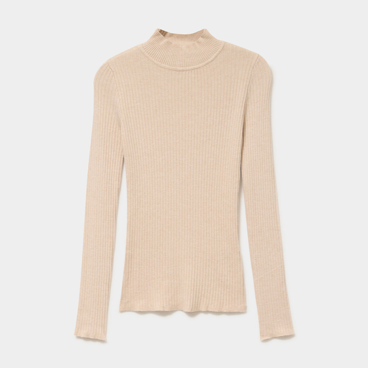 Pull ajust&eacute; c&ocirc;tel&eacute; col montant beige femme