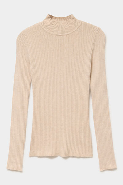 Pull ajust&eacute; c&ocirc;tel&eacute; col montant beige femme