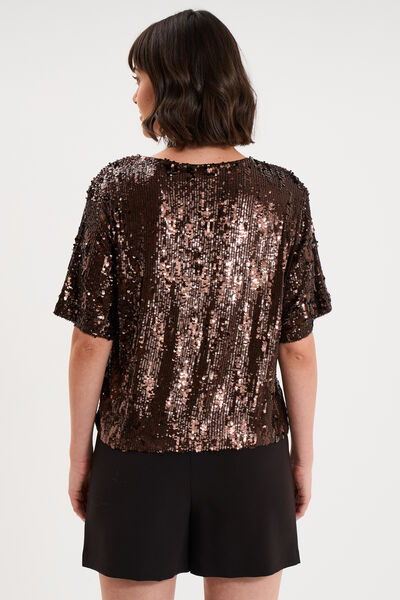 T-shirt &agrave; sequins manches courtes marron fonc&eacute; femme