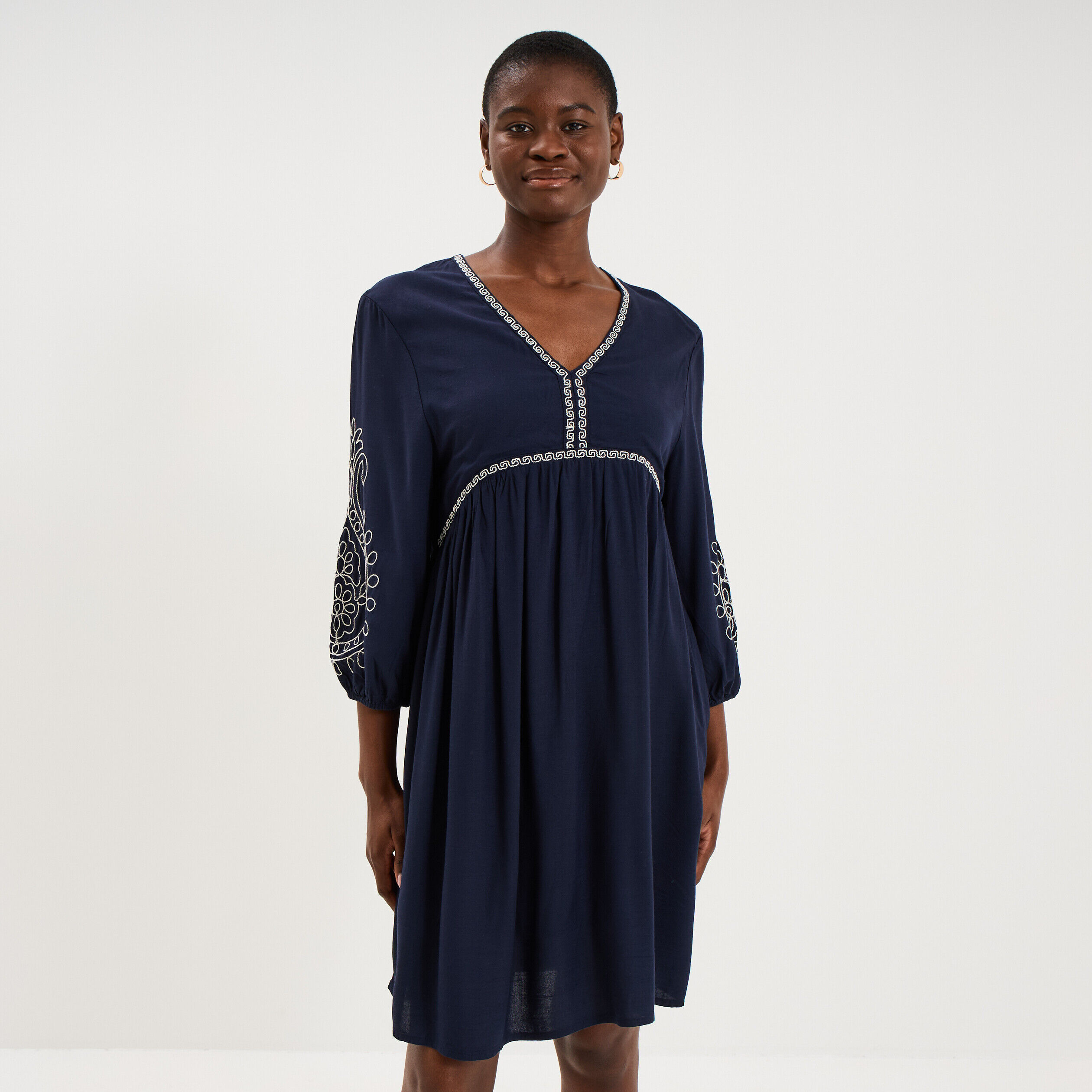 Robe courte brodée manches 3/4 bleu foncé femme CREEKS