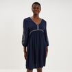 Robe courte brod&eacute;e manches 3/4 bleu fonc&eacute; femme
