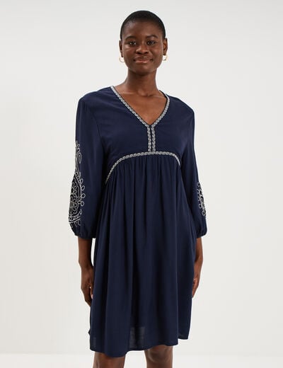 Robe courte brod&eacute;e manches 3/4 bleu fonc&eacute; femme