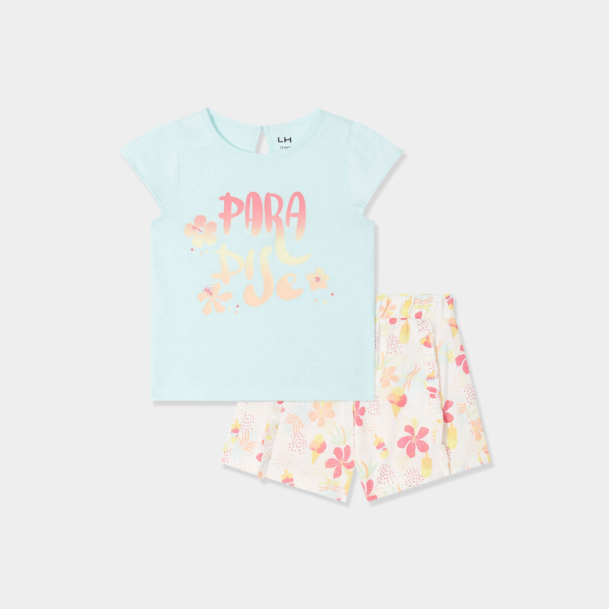 Ensemble 2 pièces t-shirt et short coton bleu pastel bébé fille