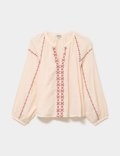 Blouse brod&eacute;e manches longues coton beige femme