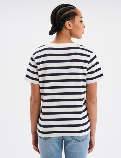 T-shirt col en V manches courtes coton ecru femme