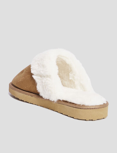 Chaussons mules col en fausse fourrure camel femme