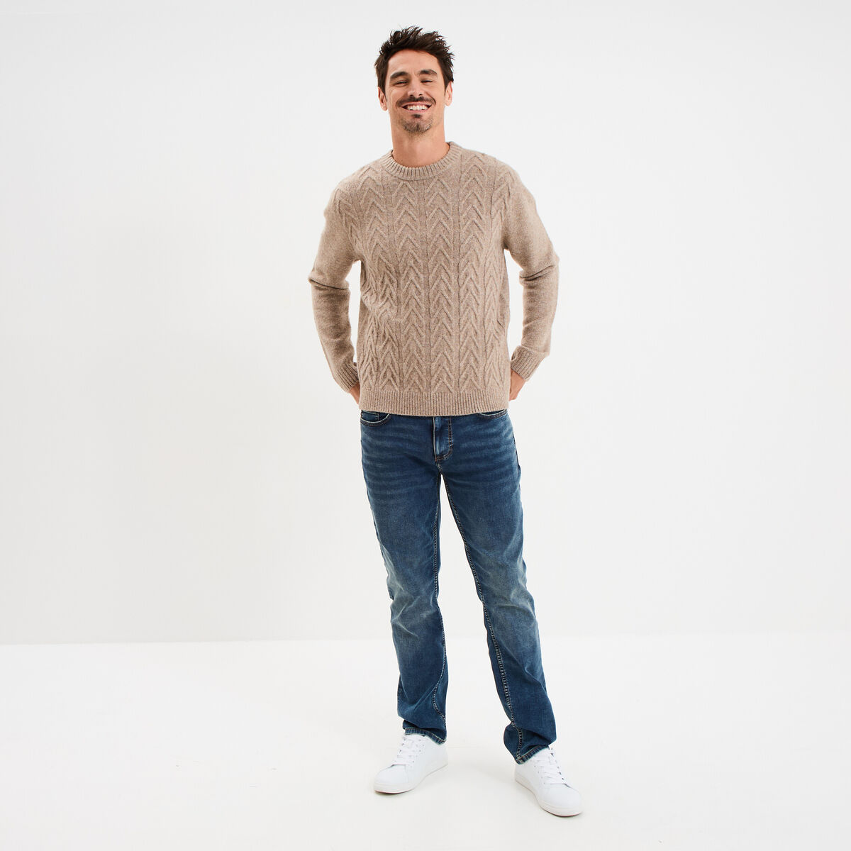 Pull col rond manches longues beige homme