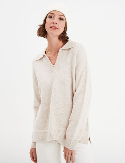 Pull col polo manches longues Creeks ecru femme