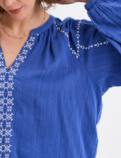 Blouse brodée manches longues coton bleu roi femme