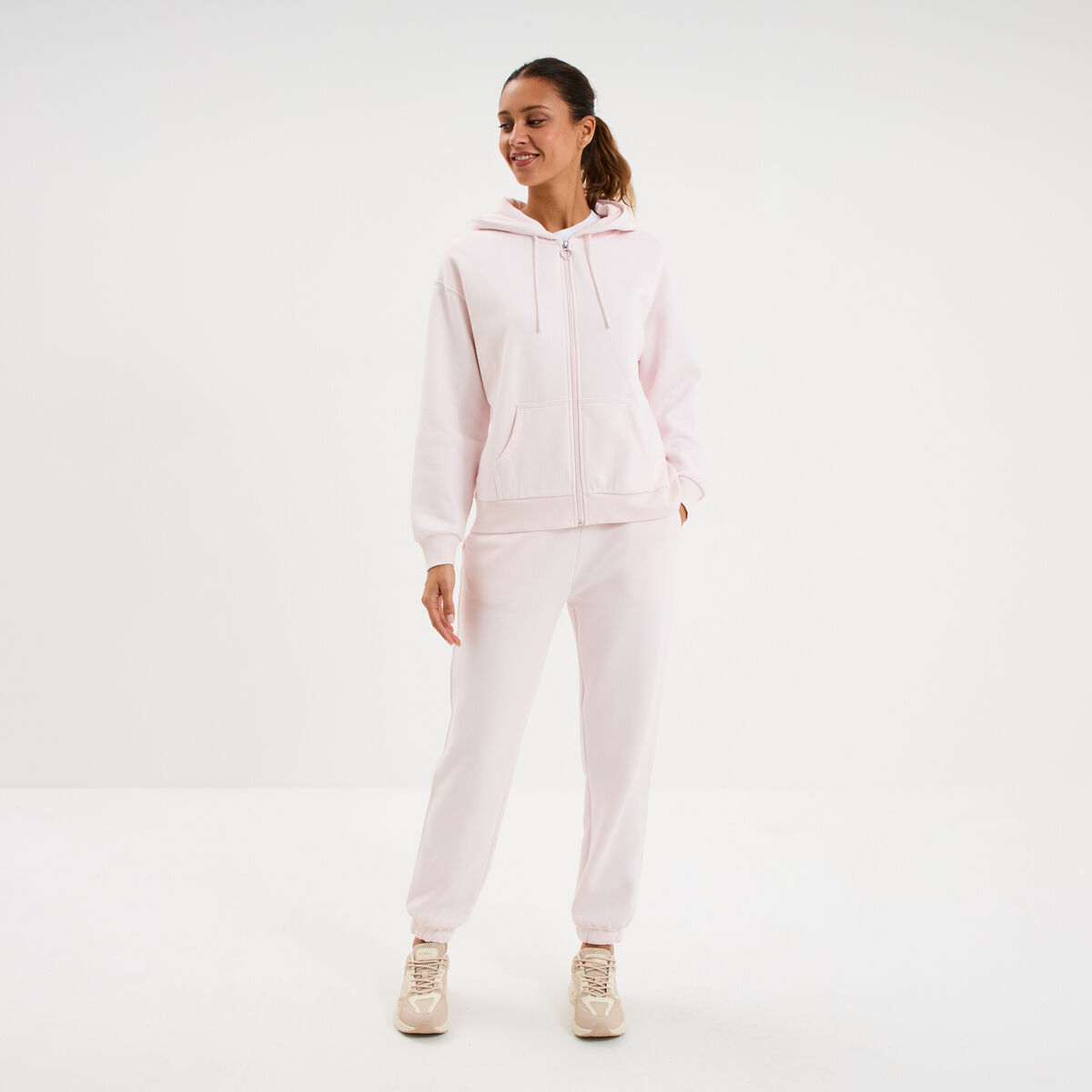 Sweat zipp&eacute; &agrave; capuche molleton rose clair femme