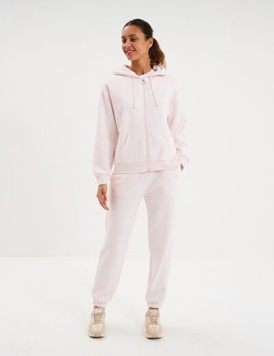 Sweat zipp&eacute; &agrave; capuche molleton rose clair femme