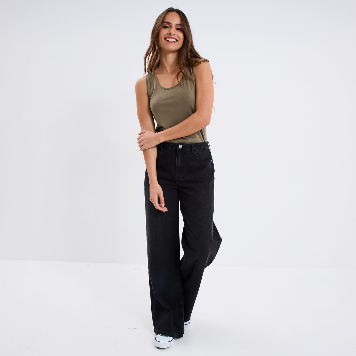 Débardeur bretelles larges coton vert kaki femme