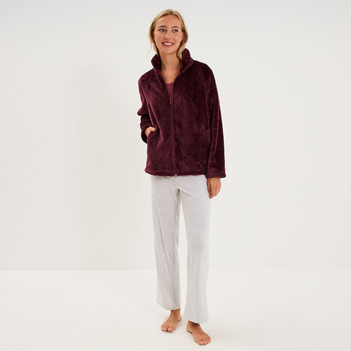 Veste de pyjama col montant polaire prune femme