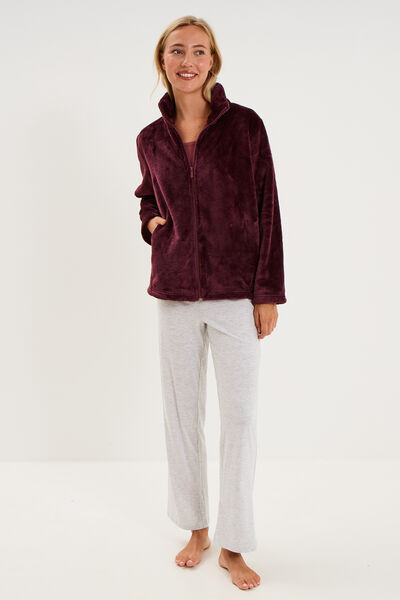 Veste de pyjama col montant polaire prune femme