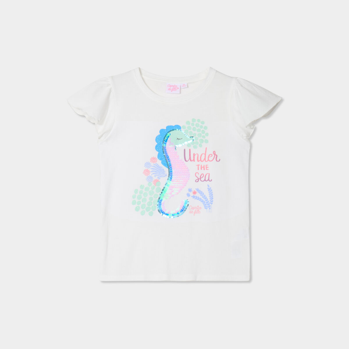T-shirt sequins manches courtes coton ivoire fille